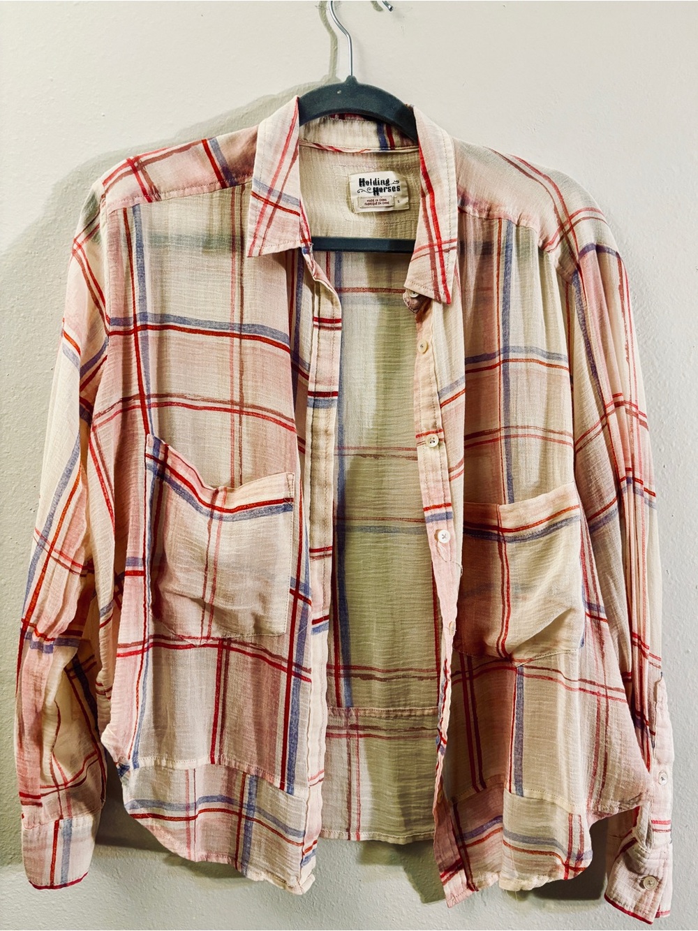 ANTHROPOLOGIE/HOLDING HORSES Pink Plaid Button-Down Shirt with Periwinkle Accent - Picture 5 of 7